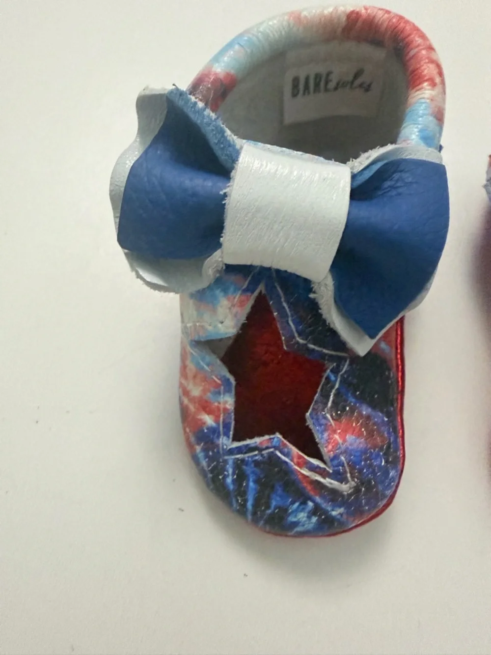 Bare Soles Moccasins Leather Soft Bow Cut Out Stars Metallic Red White Blue 1
